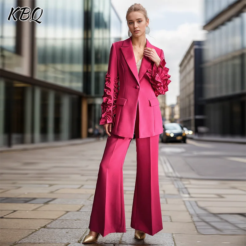 

KBQ Casual Solid Two Piece Sets For Women Notched Collar Long Sleeve Blazer High Waist Wide Leg Pants Minimalist Set Female New