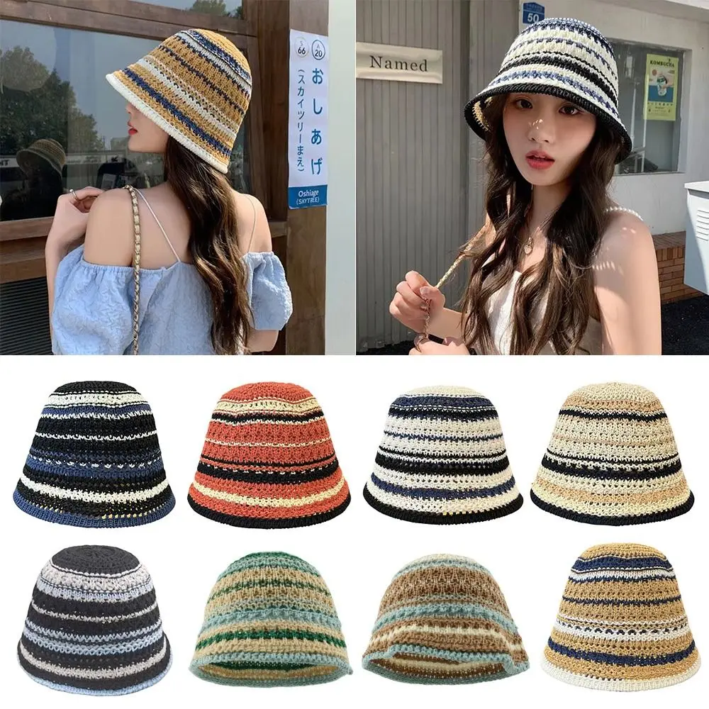 Fashion Striped Knitted Hollow Fisherman Hat UV Protection Big Eaves Straw Bucket Cap Multicolor Breathable Basin Hat Travel