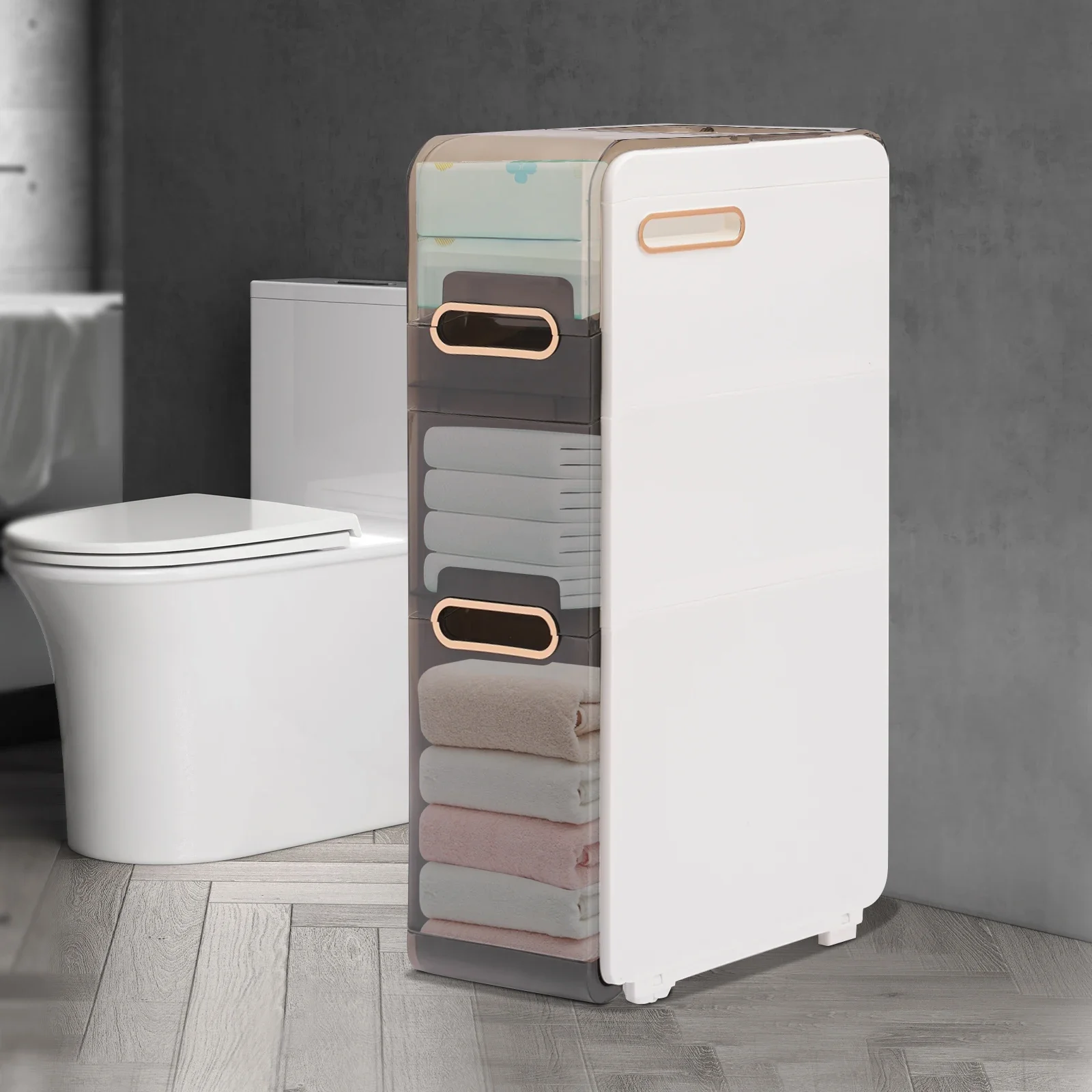 

Narrow Bathroom Floor Cabinet with 3-Drawer Built-in Toilet Paper Holder 78.5cm Slim Design 11.46lbs Lightweight Floor Standing