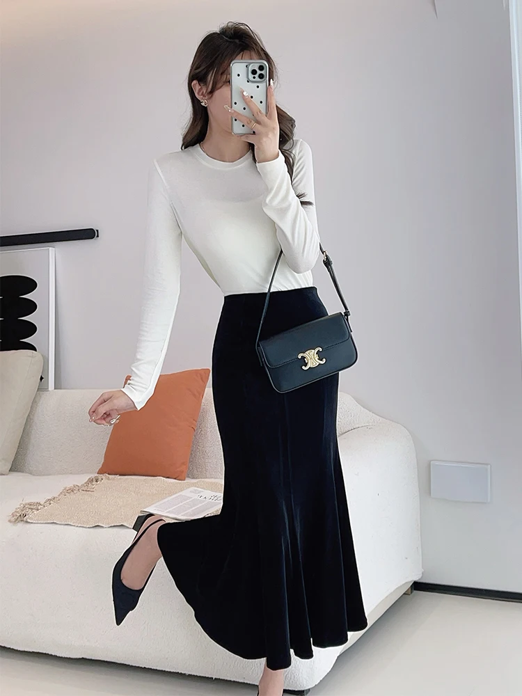 TIYIHAILEY - Damska spódnica welurowa z aksamitu, długa do połowy łydki, elastyczna talia, szyta na miarę XS-10XL, nowa, zimowa jesień, czarna, z polarową podszewką