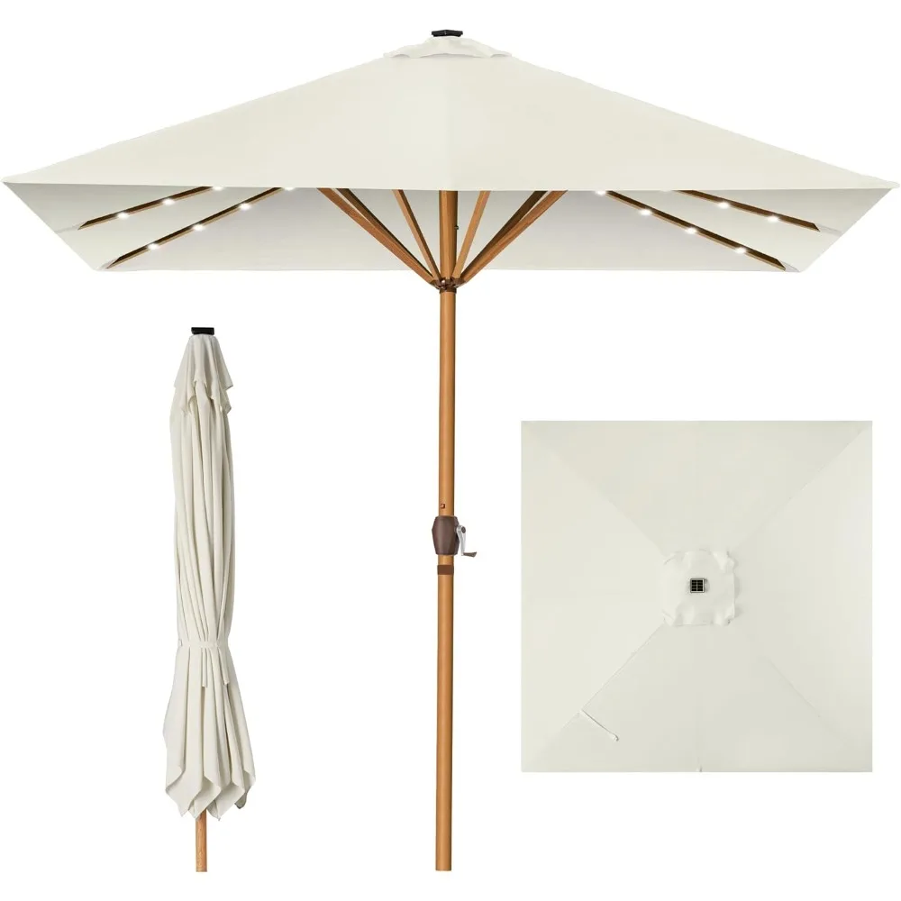 

9ft Deep Square Solar Powered LED Lighted Patio Umbrella w/Woodgrain Pattern, UV-Resistant Fabric, Hand Crank