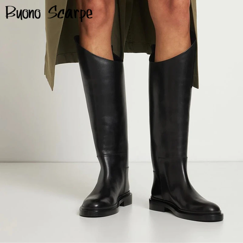 Women Knee High Boots Leather Chunky Knight Boots Autumn Winter Botas Mujer Leather Thick Sole Booties Office Lady Runway Shoes