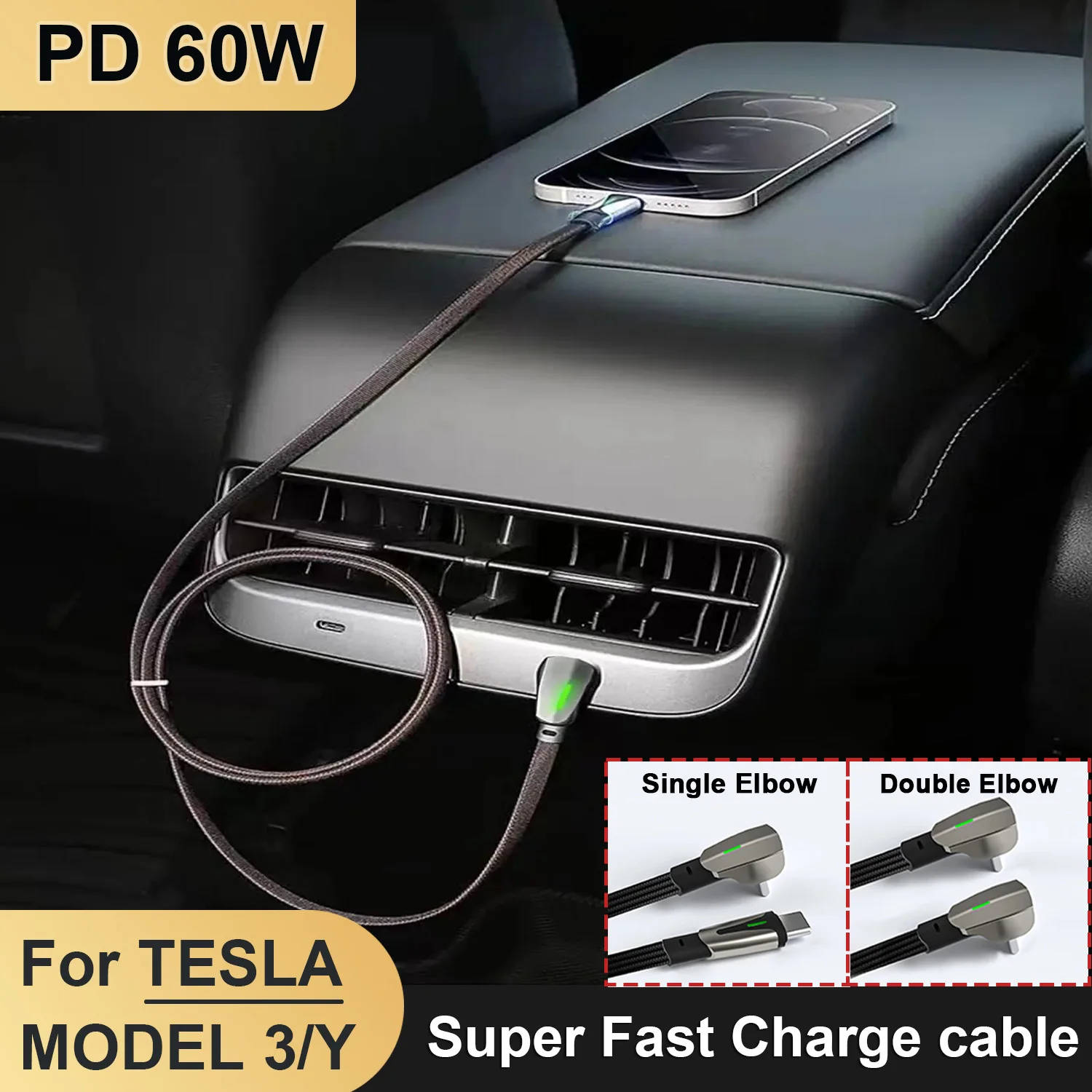 PD 60W USB Type C to Type C Super Fast Charging Cable For Tesla Model 3 Y X S iPhone 16 15 Pro Max Samsung Galaxy S24 Data Cord