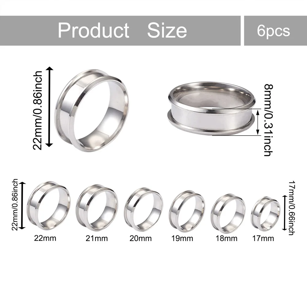 6Pcs/box 6 Sizes Stainless Steel Grooved Finger Ring Settings Ring Core Blank for Inlay Ring Jewelry Making Accessories