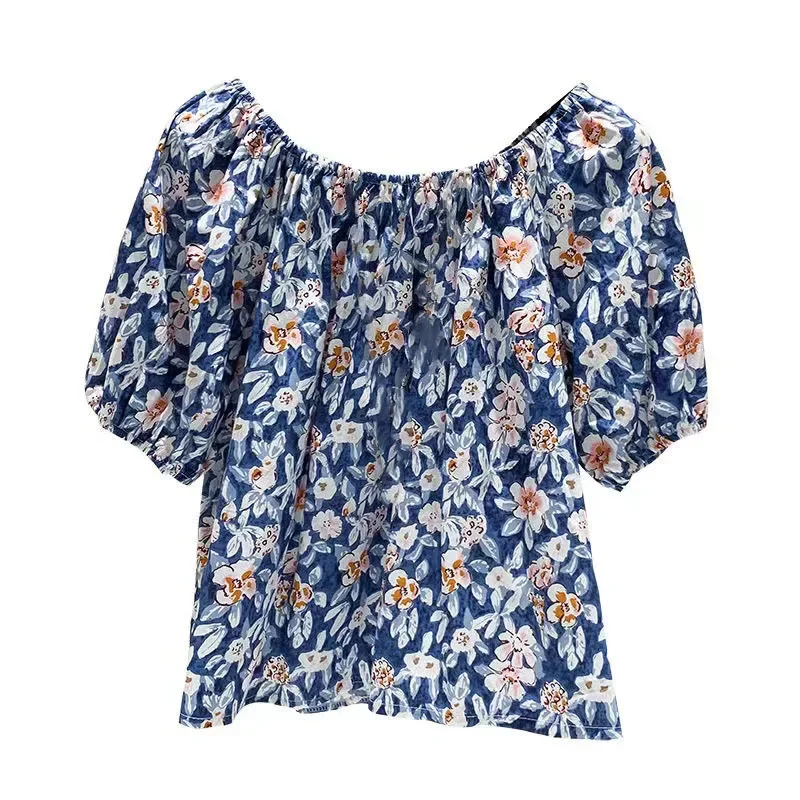 

Off Shoulder Blouse Women Vintage Floral Print Top Loose Temperament Puff Sleeve Shirts Blue One Shoulder Shirt Blouses Z591