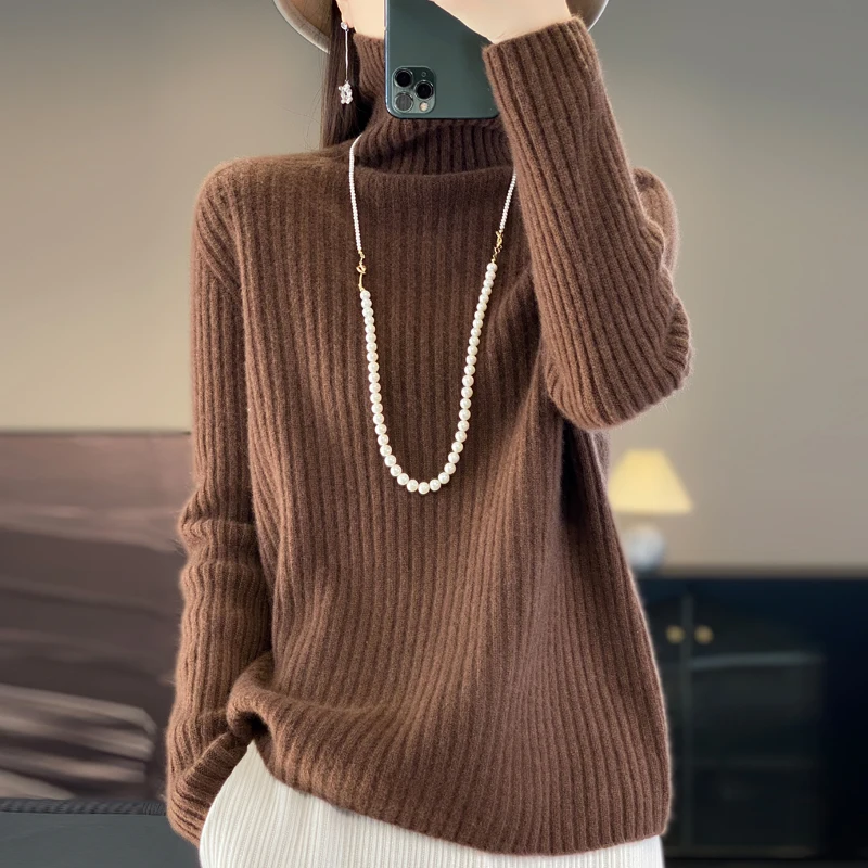 

Women Turtleneck Fine Wool Pullover Pit Strip Sweater Autumn Winter Long Sleeve Knitwear Clothing Casual Loose Bottoming Tops
