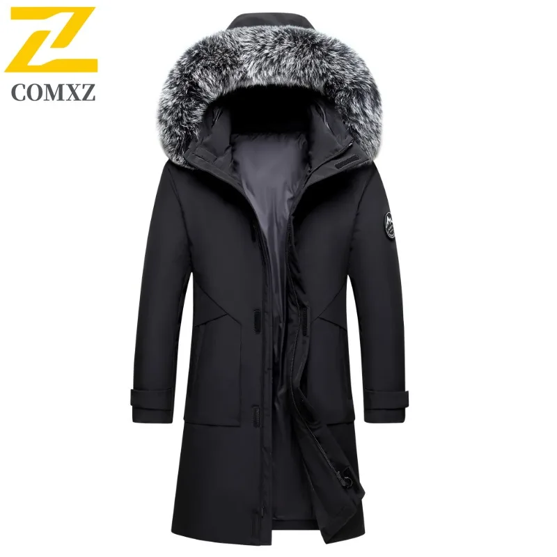 COMXZ جودة عالية سترة خارجية مقنعين الفراء طوق Coldproof يندبروف العمل مبطن سترة 2025 الثلوج وسيم الرجال الشتاء سترة