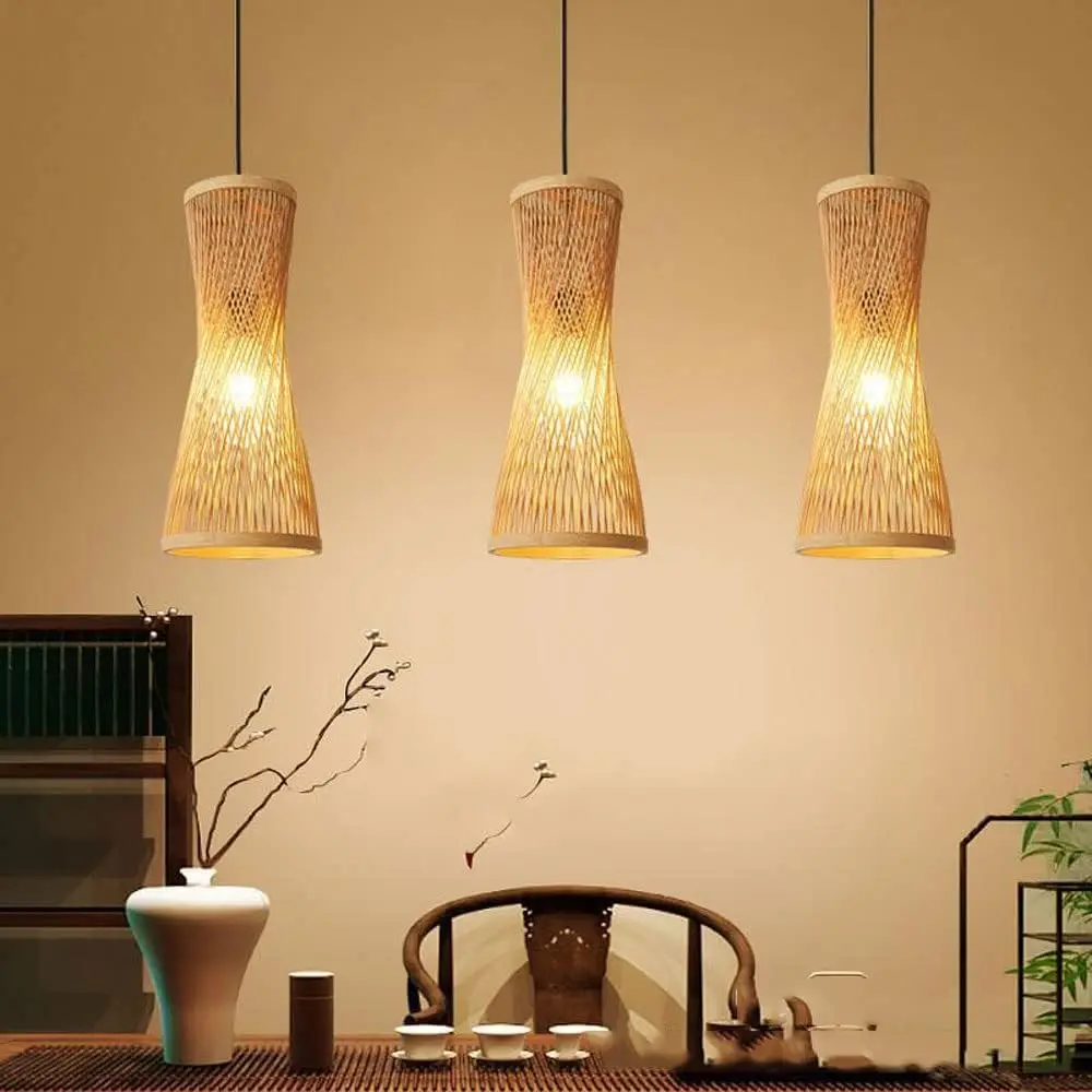 JOYINLED Chinese Style Bamboo Pendant Lamp Shade 17x42CM  Rattan Woven Ceiling Lamp for Farmhouse Kitchen Dining Room Lamp E27