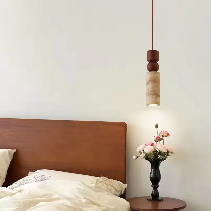 

Japanese Wabi Sabi Yellow Travertine Pendant Lamp for Restaurant Hotel Bedroom Bedside Vintage Minimalist LED Hanging Light