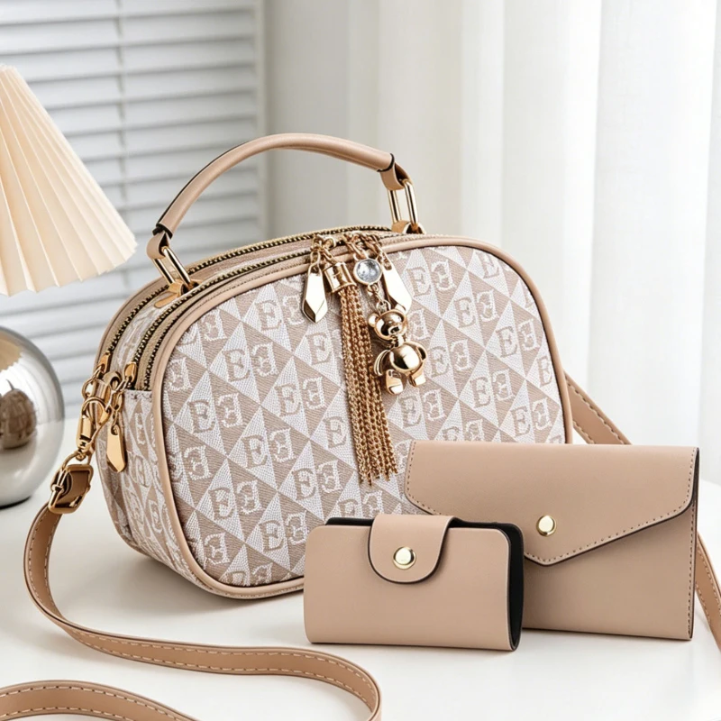 3-piece letter print mini round bags with multiple color options, women's crossbody bags with bear zippers view 2