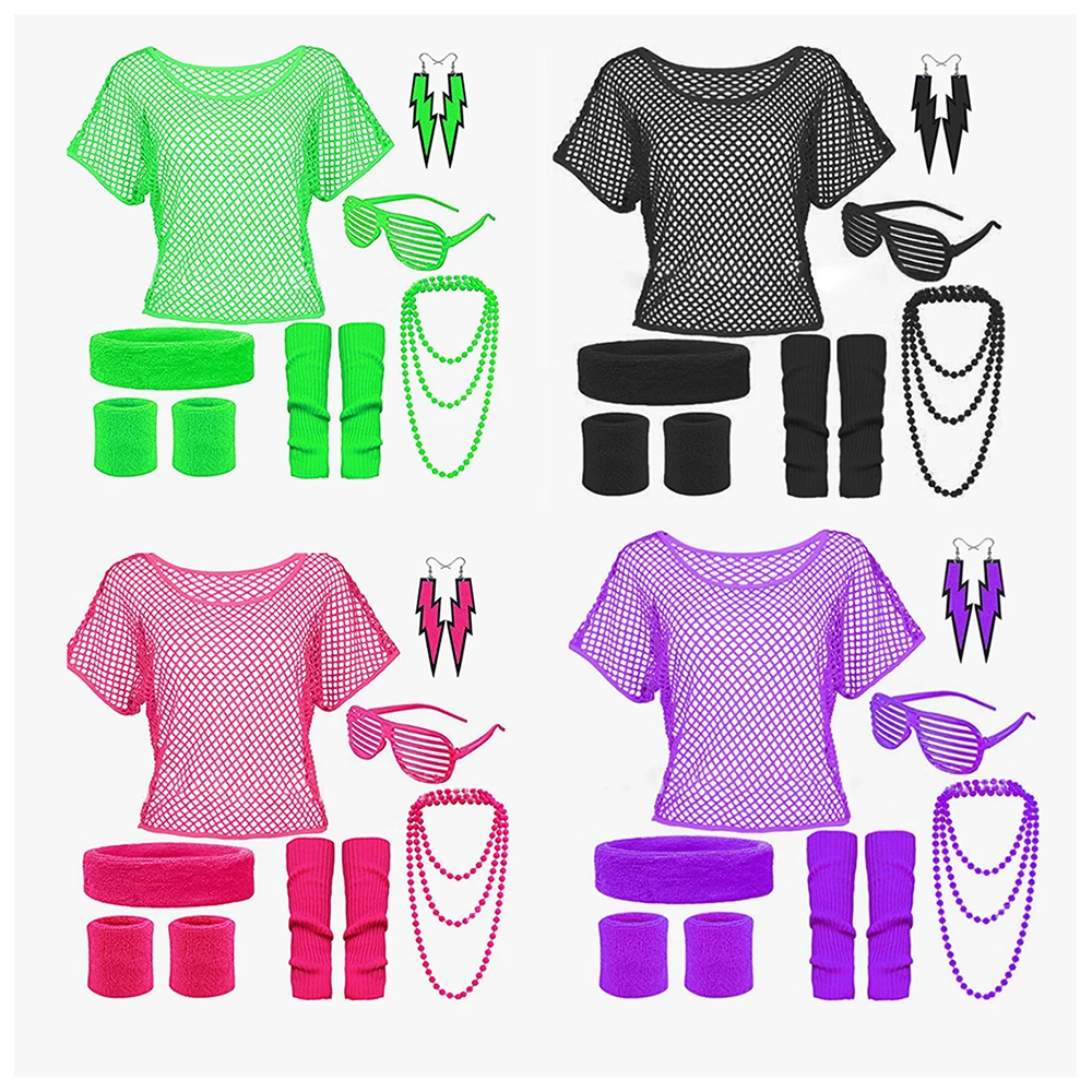 

80S Fishing Net Costume Neon Style Vintage Clothes Sexy Outfit Accessories Necklace Eyes Earring Headband Theme Party Decoration