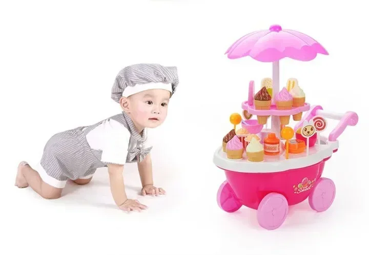 [Funny] Play House Game Kitchen Toys electronic Candy Ice Cream lollipop retail Stroller car with light music toy baby girl gift