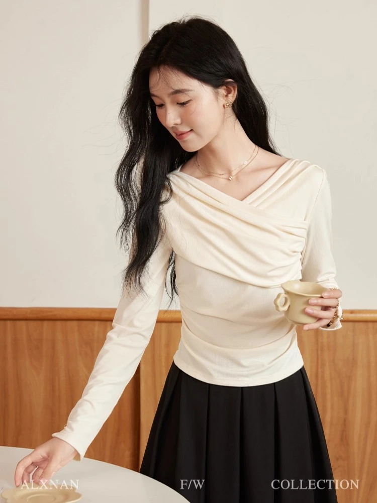 

ALXNAN Long Sleeve T-shirt Cross V-Neck Belted-waist Metallic Cufflinks Women's Pullovers Wrinkle Casual Versatile Tops L39601