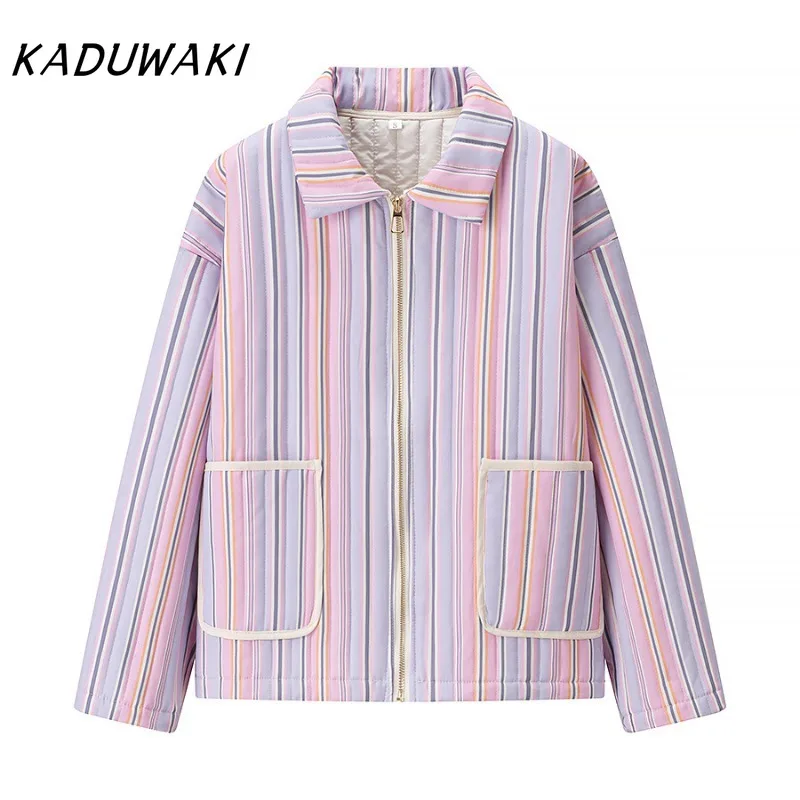 

KADUWAKI Colorful Cotton Cropped Jackets Elegant Lapel Long Sleeve Zipper Pocket Loose Short Coats Autumn Lady Street Outerwear