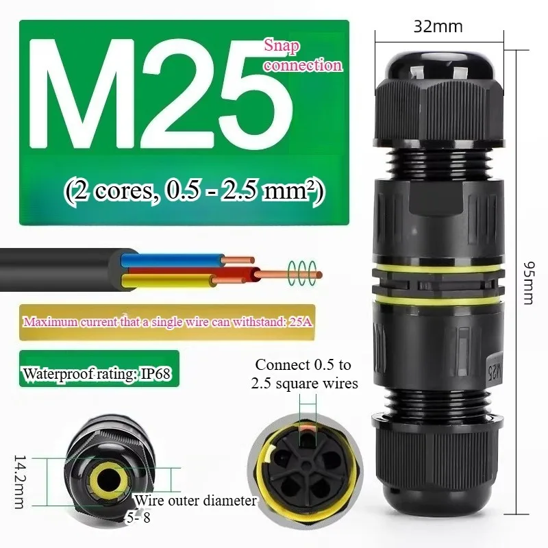 IP68 Push Type M25 Outdoor Waterproof Cable Connector Docking Quick Terminal 2/3/4/5 Pin Rainproof Terminal Solder Less LED Lamp