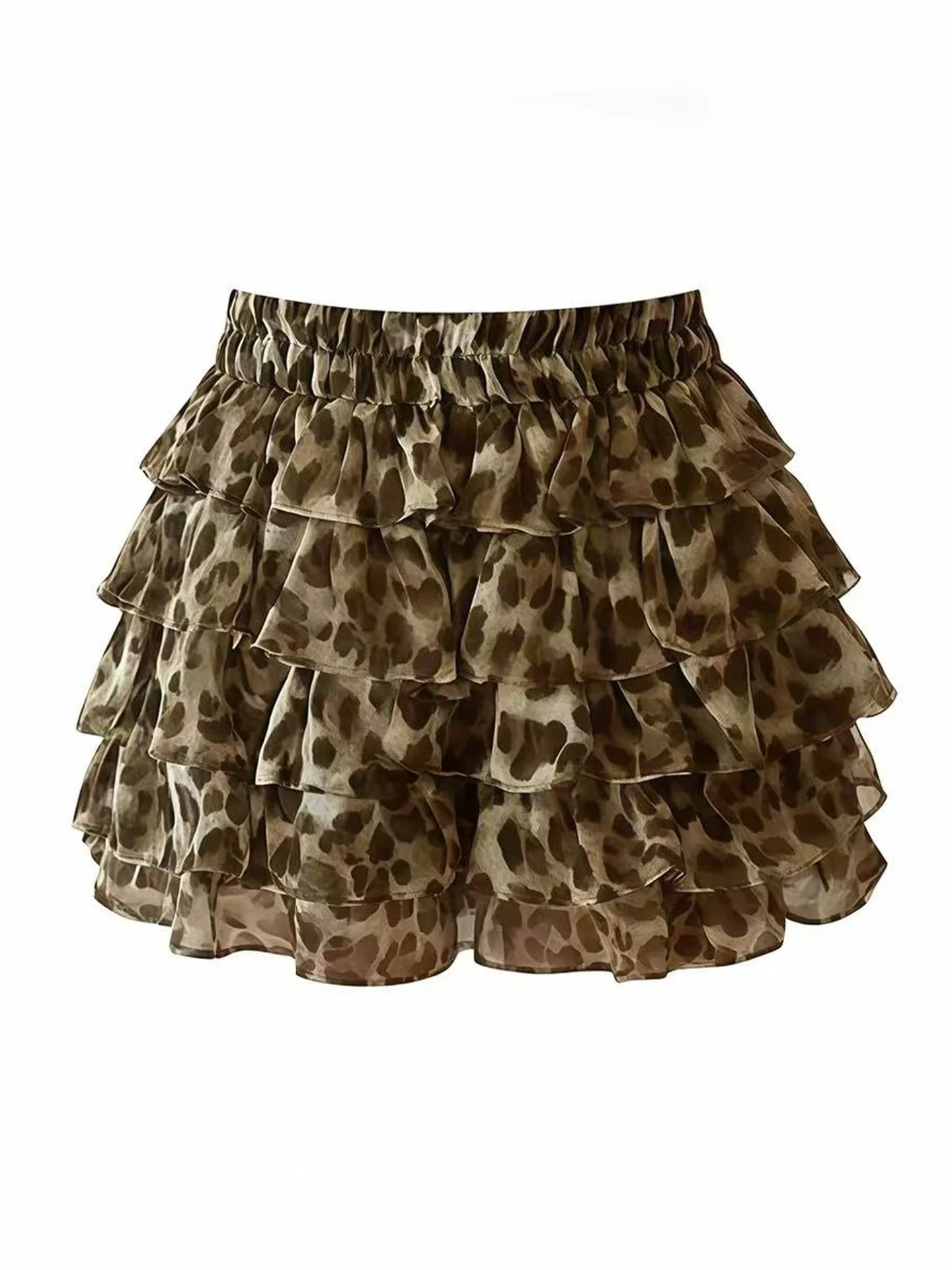 American Hot Girl Leopard Print Puffy Ruffle Short Skirt Women's Spring Summer  Layered A-Line Half-length Skirt
