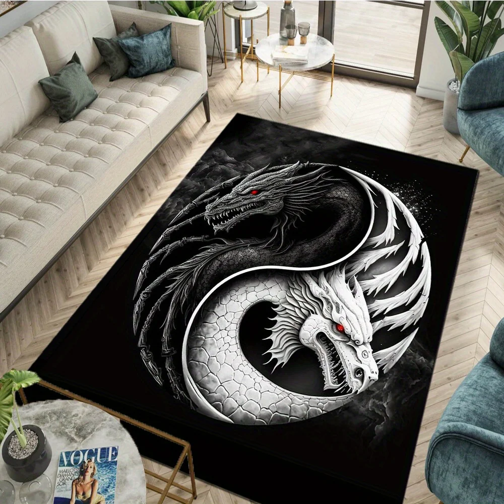Yin Yang Dragon Print Rug Black White Washable Non-Slip Mat for Kitchen Hallway Laundry Bathroom Living Room,Holiday Home Decor
