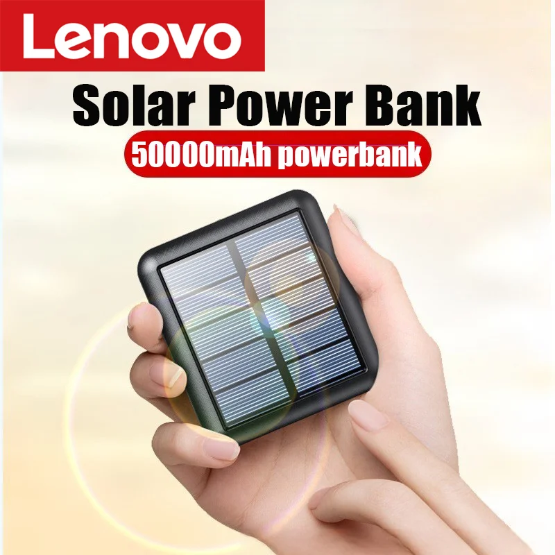 Lenovo 50000mAh Solar Power Bank Dual USB Portable Charger for iPhone Samsung  Huawei Powerbank with Flashlight Spare Battery