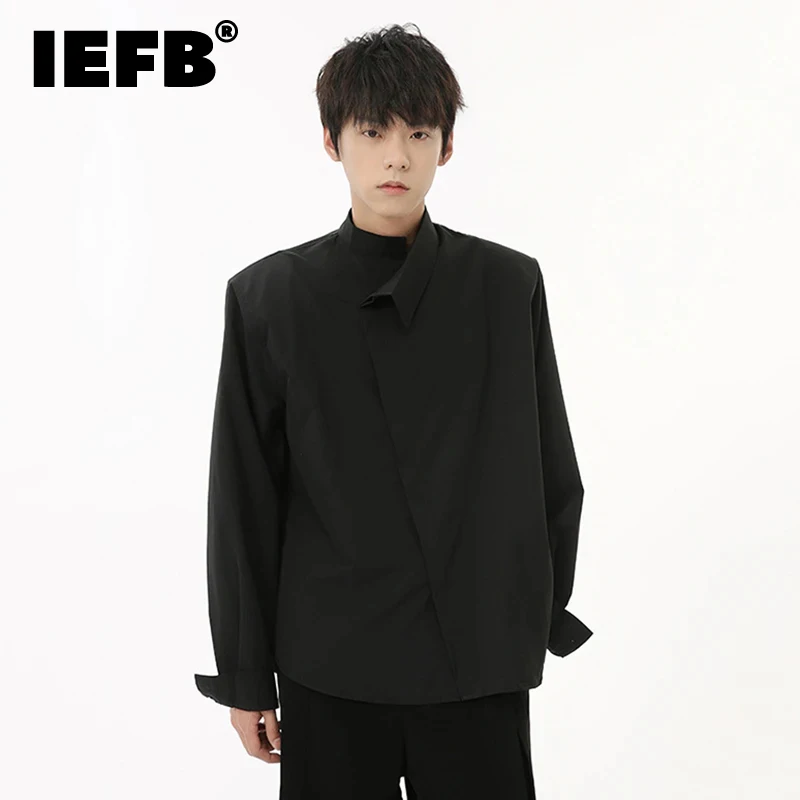 IEFB New Chinese Style Men's Shirts Irregular High Collar Drape Tops Single Breasted Solid Color Male Clothing Trend 2024 9C6844