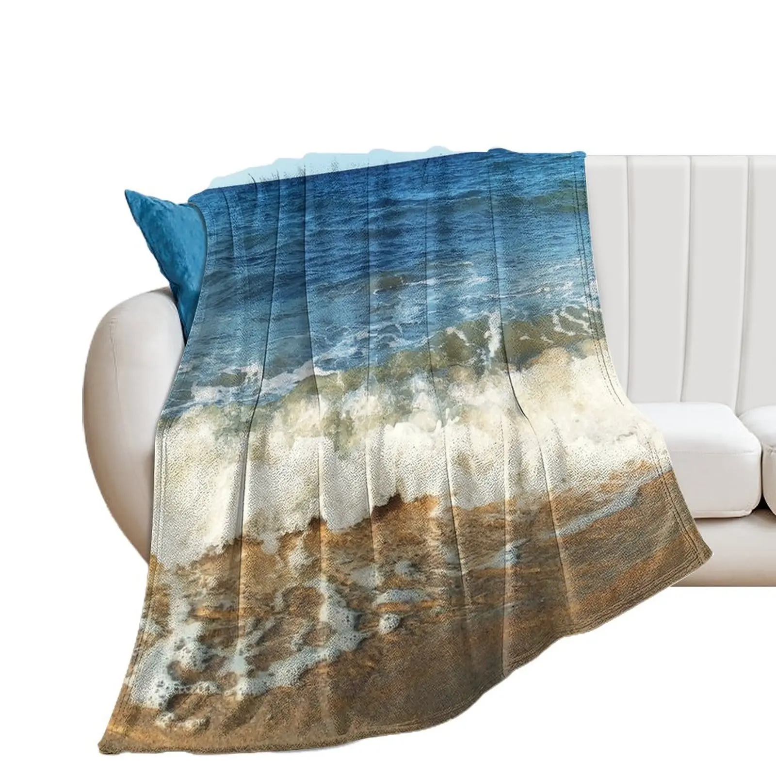 

Calm Blue Ocean Waves And Sky White Foam On Beach Sand Throw Blanket Furrys Camping Thins Flannel Blankets