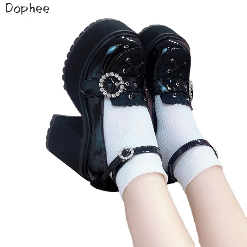 

Dophee Original Punk Style Lolita Thick Soled Shoes Round Head Bow Water Drill Beading Spice Girls Platform JK Shoes Students