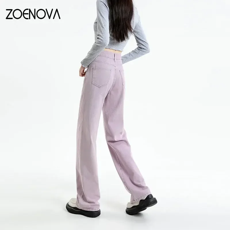 ZOENOVA Korean Long Trousers Casual Denim Pants Simple Female Spring 2023 Straight Loose Women\'s Wide Leg Jeans Pink Purple Red