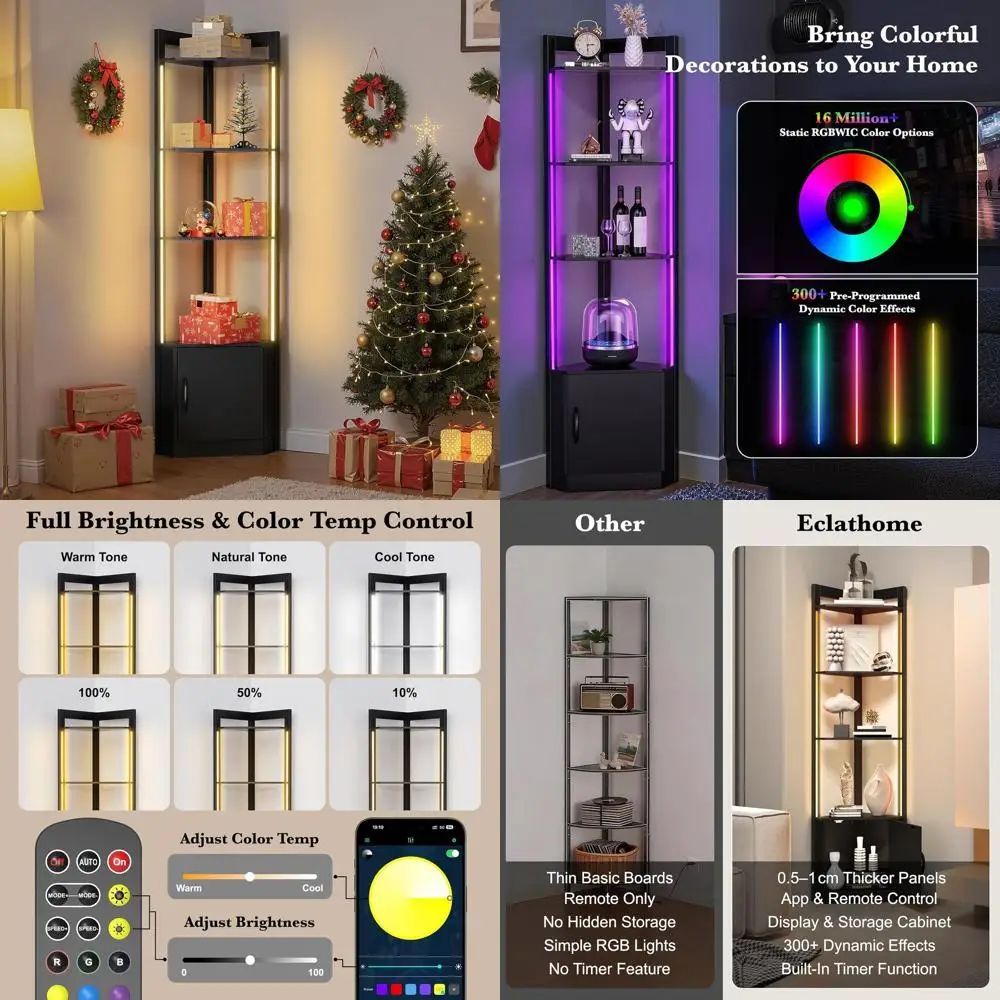 

65-секционная 5-уровневая стеллажная система с RGBW LED подсветкой, управлением через пульт и приложение, регулировкой яркости/цвета для гостиной