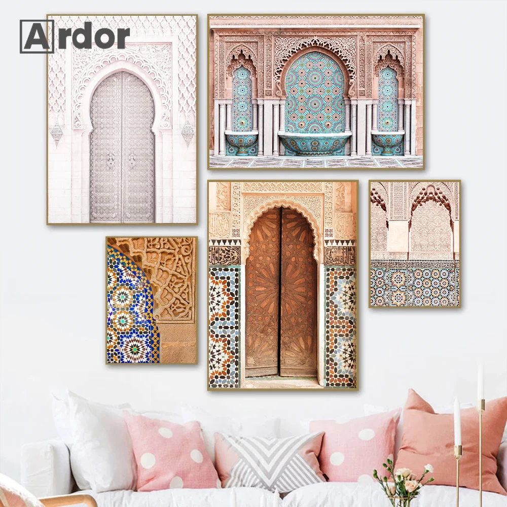 Moroccan Wall Art Canvas Painting Marrakesh Architecture Poster Moroccan Arch Boho Print Terracotta Wall Art Pictures Home Decor