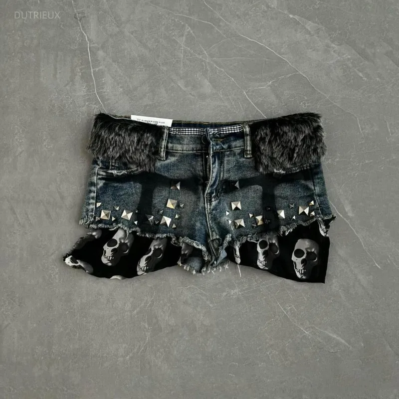 Harajuku Gothic Punk Heavy Rivet Nail Hot Shorts Y2k Americn Spliced Skull Print Women Shorts Americna All Mcath Lazy Short Pant