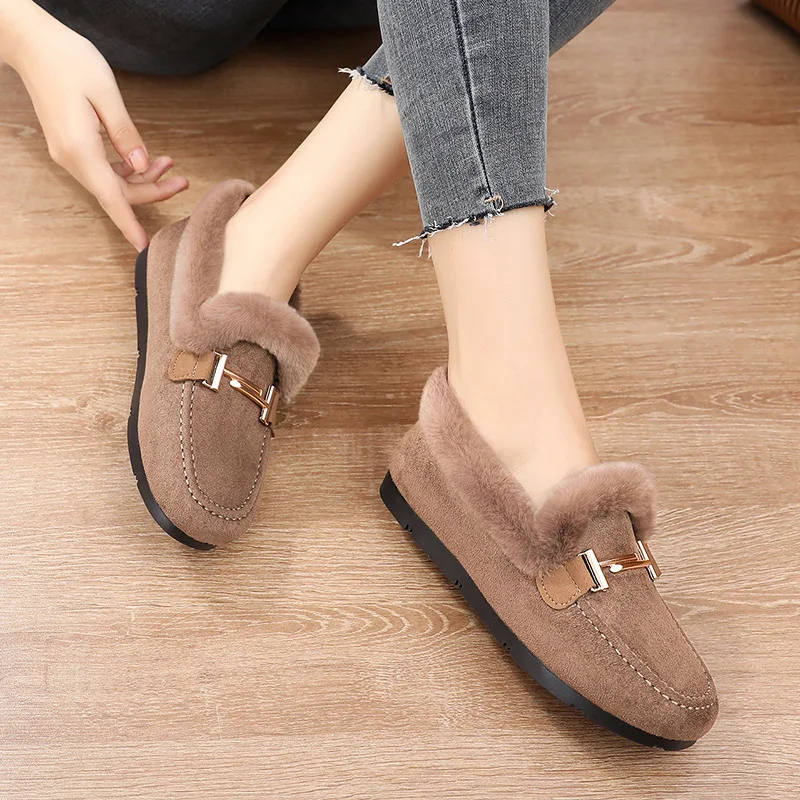 Women Winter Casual Shoes New Moccasins Soft Flat Non-slip Loafers Fashion Comfort Warm Plush Bow Slip on Female Cotton Shoes