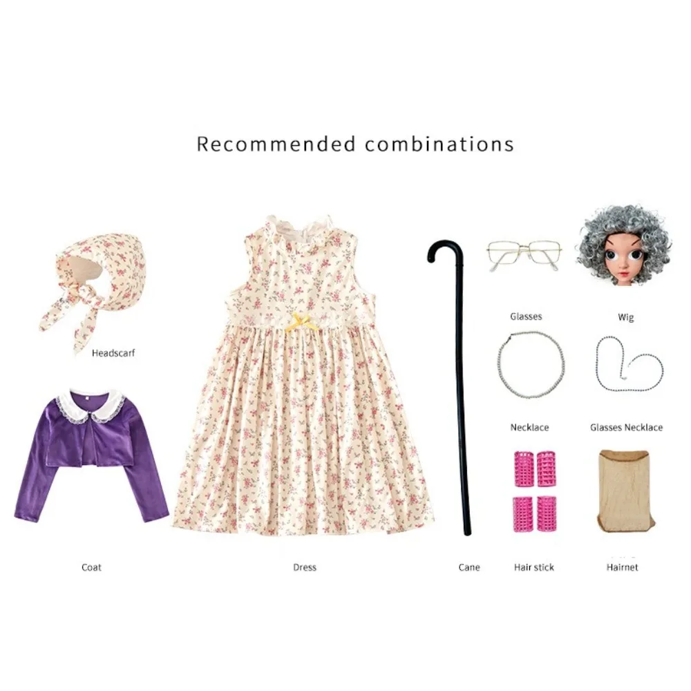 

Carnival Children's Costume - 100th Day of School Granny Set Funny Grandma Cosplay Floral Dress
