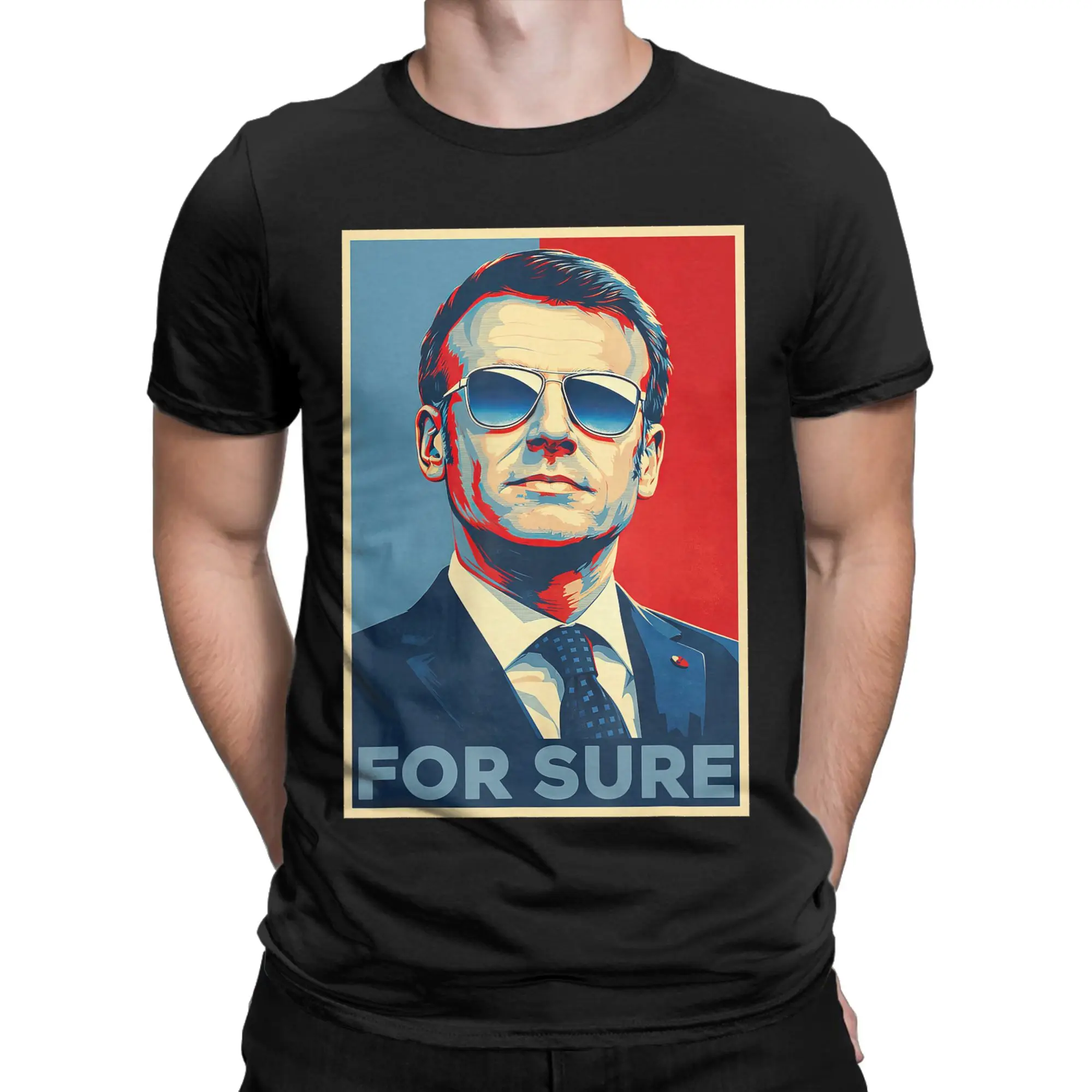 Men T-Shirt Macron for Sure Aviator Glasses Parody Crazy Cotton Tee Shirt Short Sleeve Pop Art Meme T Shirts merchandise Graphic