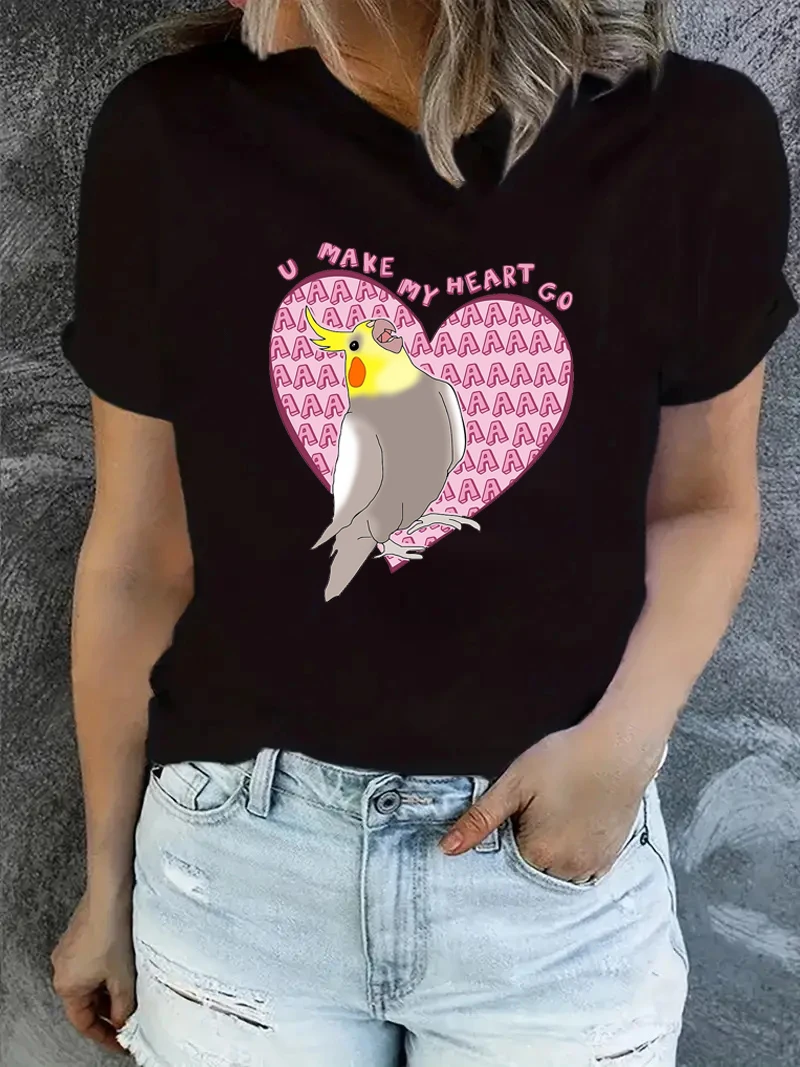 Chubby Cockatiels Bird Animal Print T-Shirt Women Harajuku Kawaii Clothes Funny Black T Shirts Female Tumblr Tops Tee Shirt