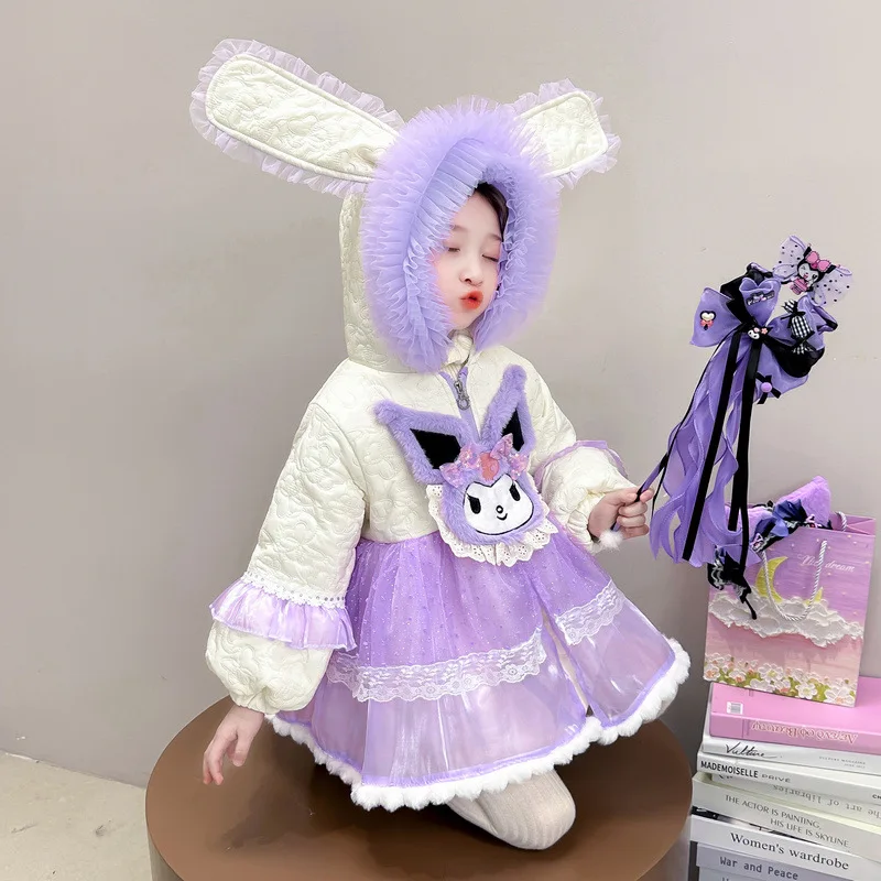 Kuromi Cinnamoroll Girl Child Quilted Thicken Cotton Coat Winter Clothes Kawaii Cartoon Cartoon Lolita Cotton Clothes Coat