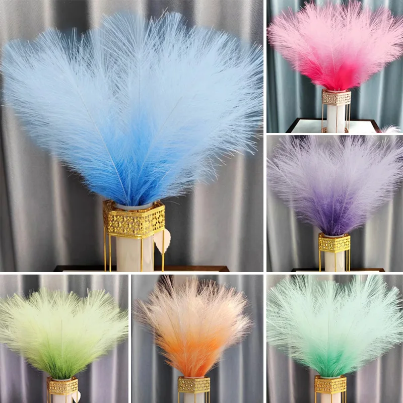 10pcs Fluffy Pampas Grass Artificial Flower Bouquet Fake Plant Colorful Gradient Simulated Reed Wedding Party Home Vase Decor