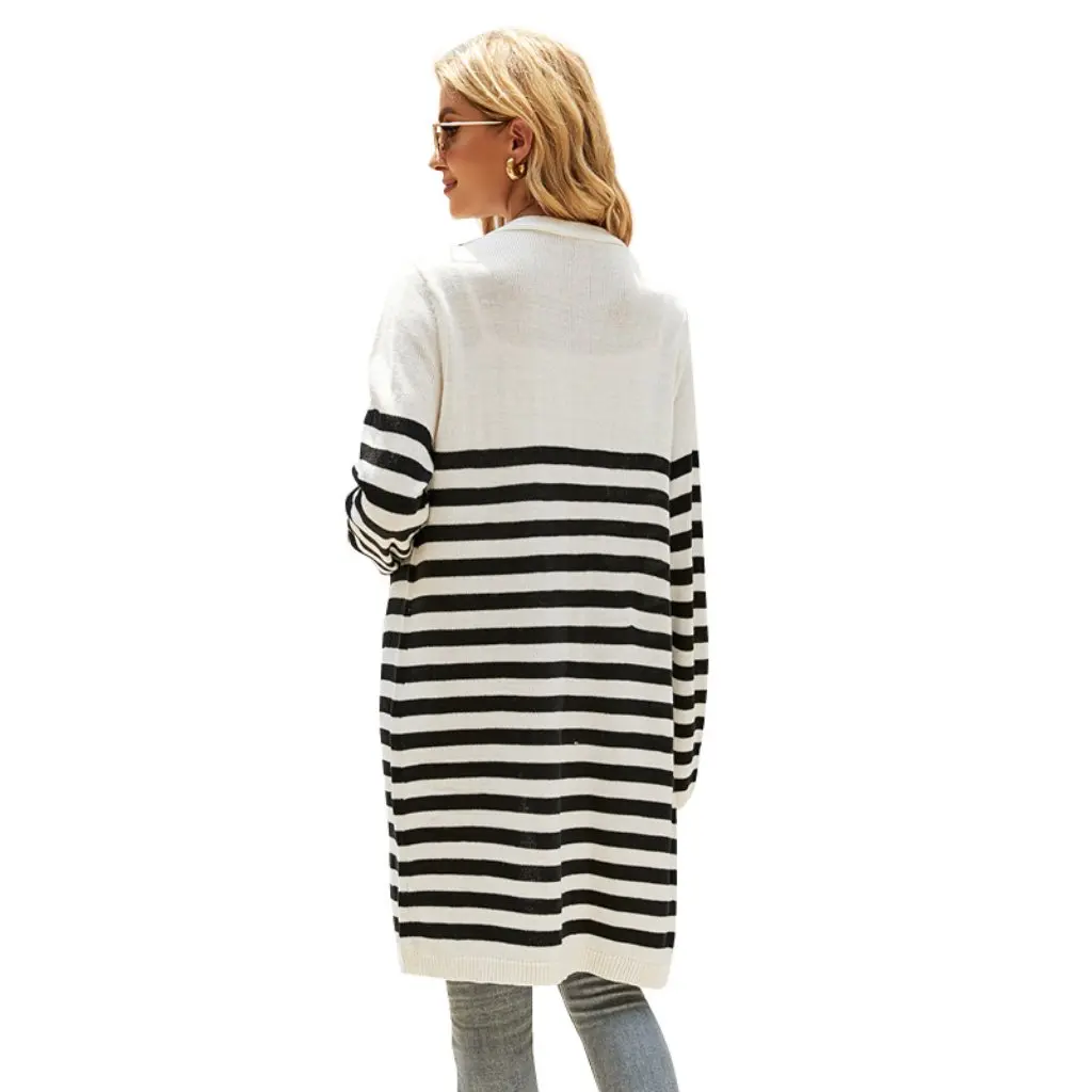 

European And American Style Long Casual Striped Knitted Cardigan Loose Long-Sleeved Sweater New Fashion Women's Outerwear