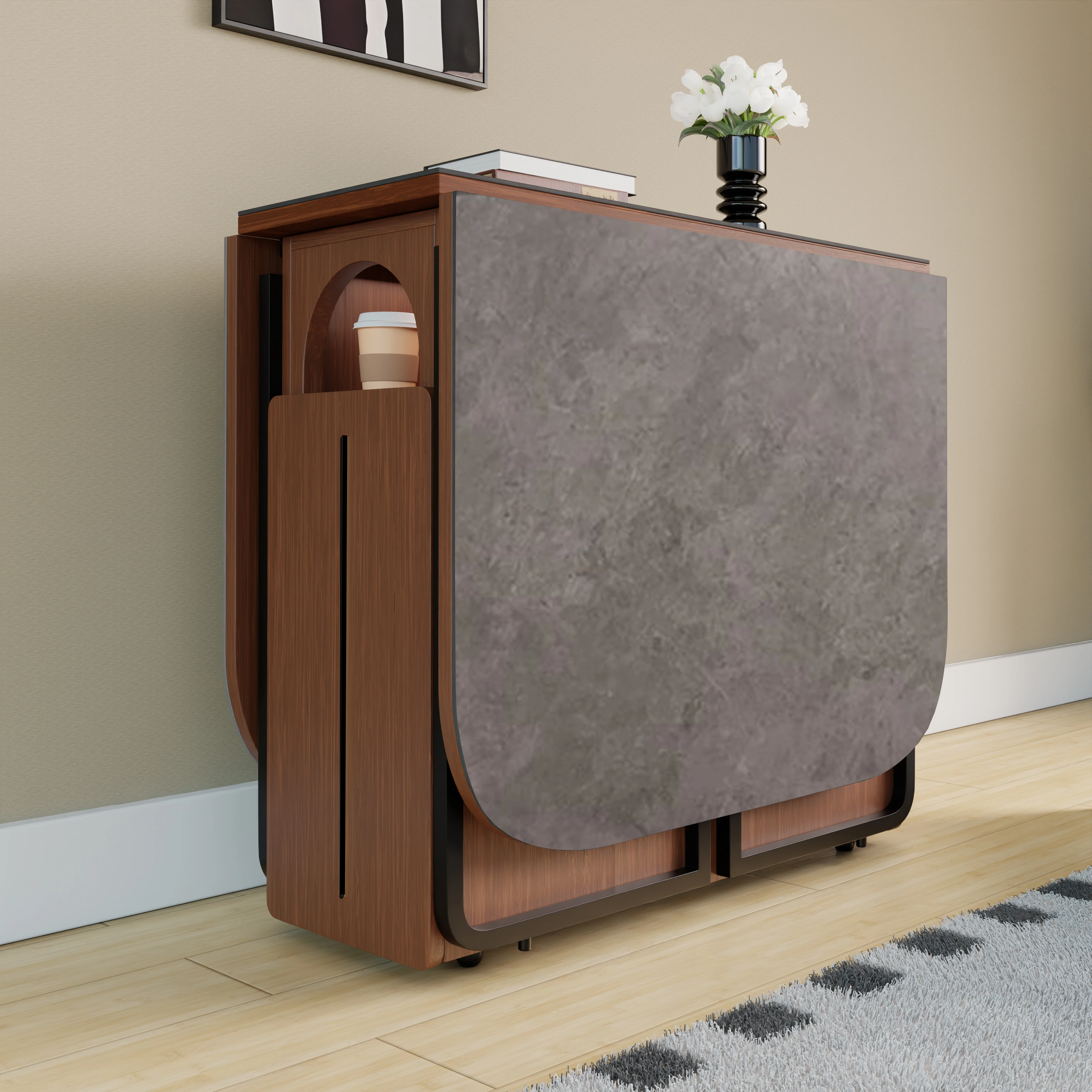 rock slab folding dining table and chair combination, household small apartment side cabinet integrated, retractable