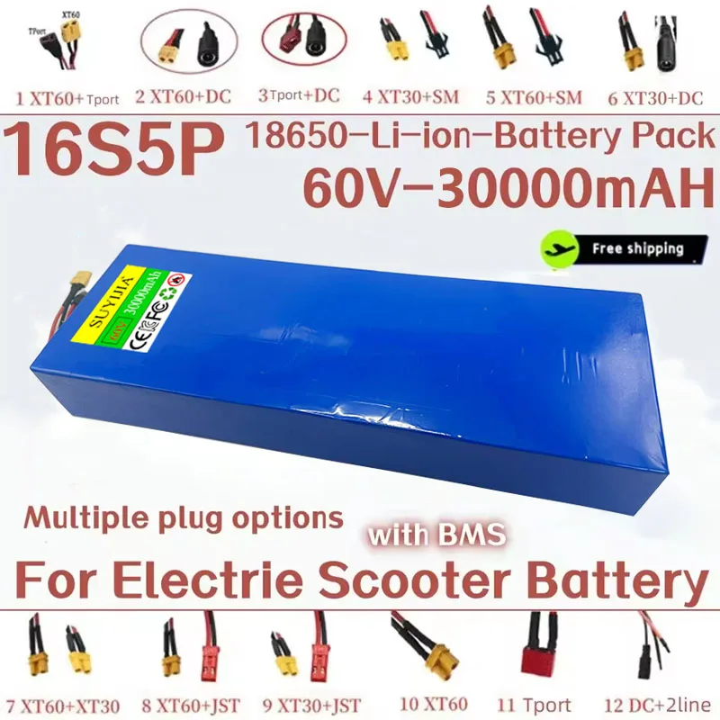 

Batterie au lithium avec BMS pour moto, scooter, vélo, moteur 100% W, 60V, 30000mAh, 16s5p 18650, 2000 Nouveau