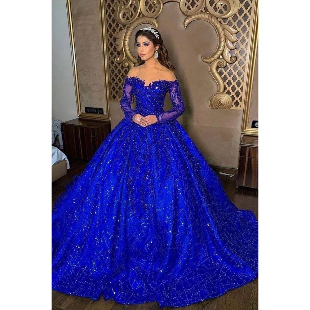 

Royal Blue Off The Shoulder Lace Applique A-Line Evening Dress Long Sleeved Dresses Custom Made Gown Vestido de novia