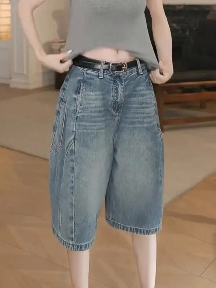 

plus Size High Waist A-Line Five-Point Denim Shorts Women's Summer Loose Wide Leg Straight Cut Jeans Casual High Waist Shorts