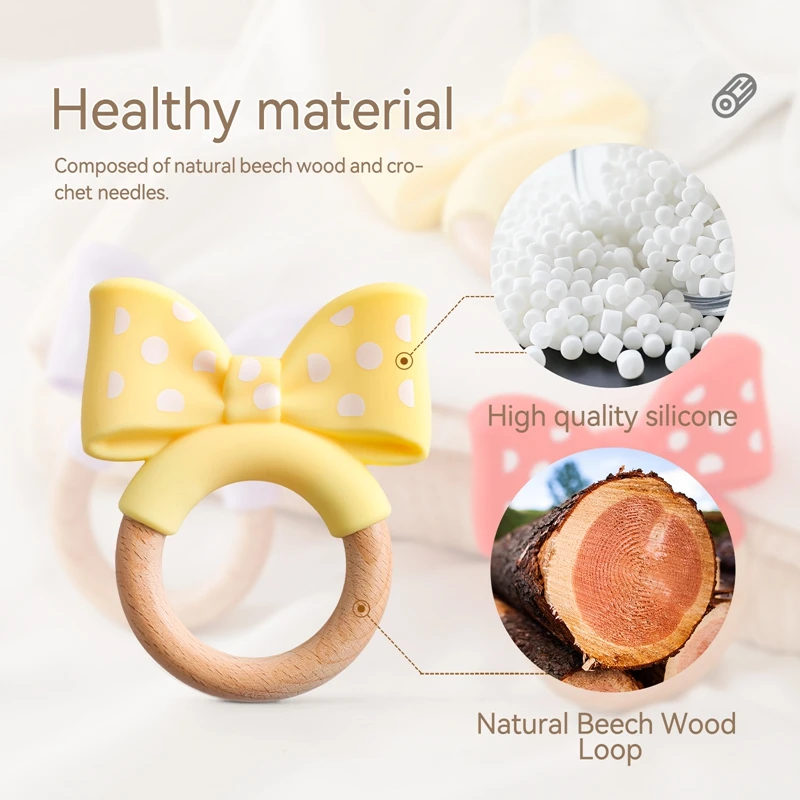 Baby Silicone Teether Toys Food Grade Silicone Bow Wooden Ring Bracelet Teething Toys For Baby Soothing Tooth Chew Teething Toys