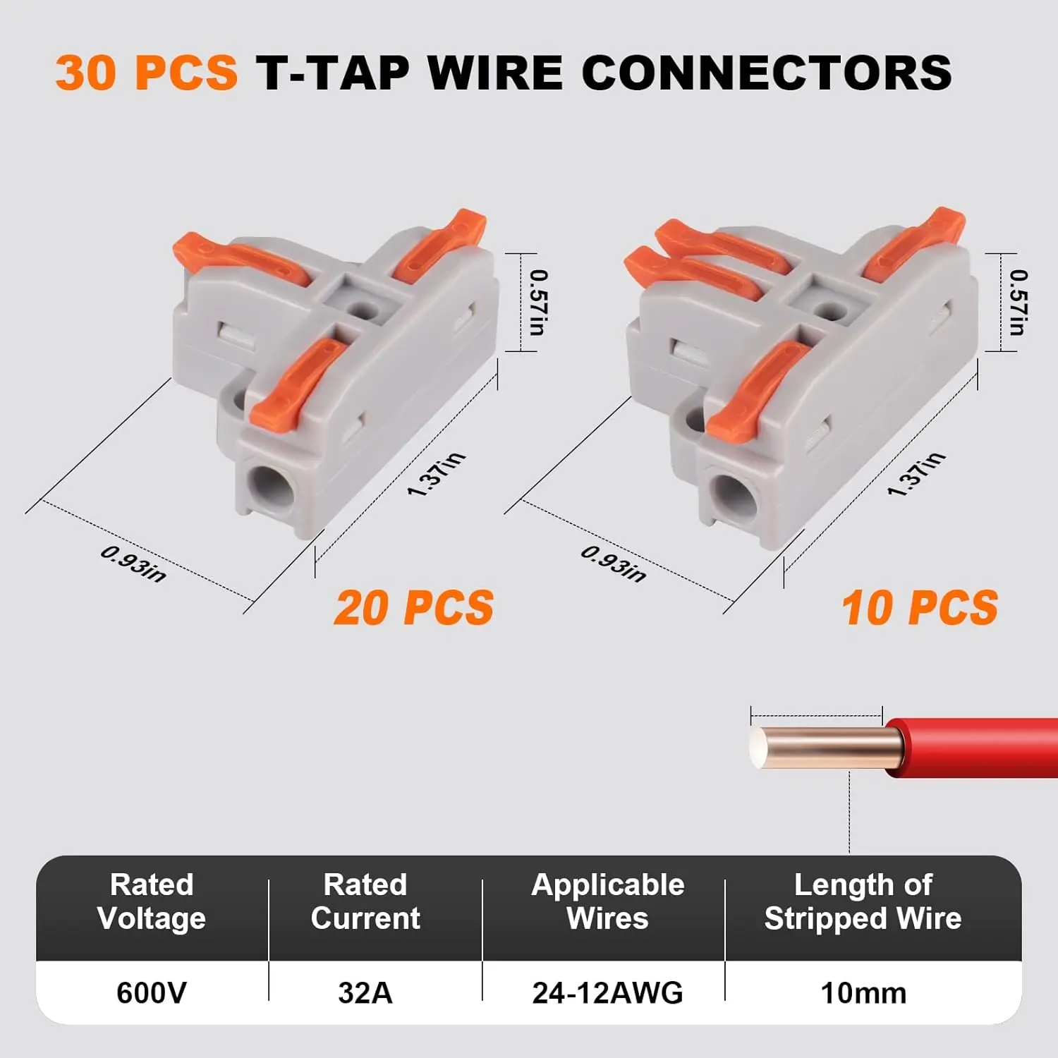 30 PCS T-Tap Wire Connectors Lever Connectors Push-in 1 in 2 and 3 Out Electrical Wire Splitter Assortment Kit