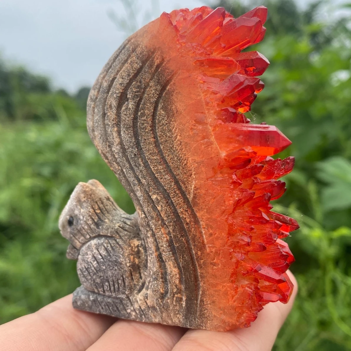 Red Quartz Crystal Squirrel: Natural Carved Specimen, Home Decor