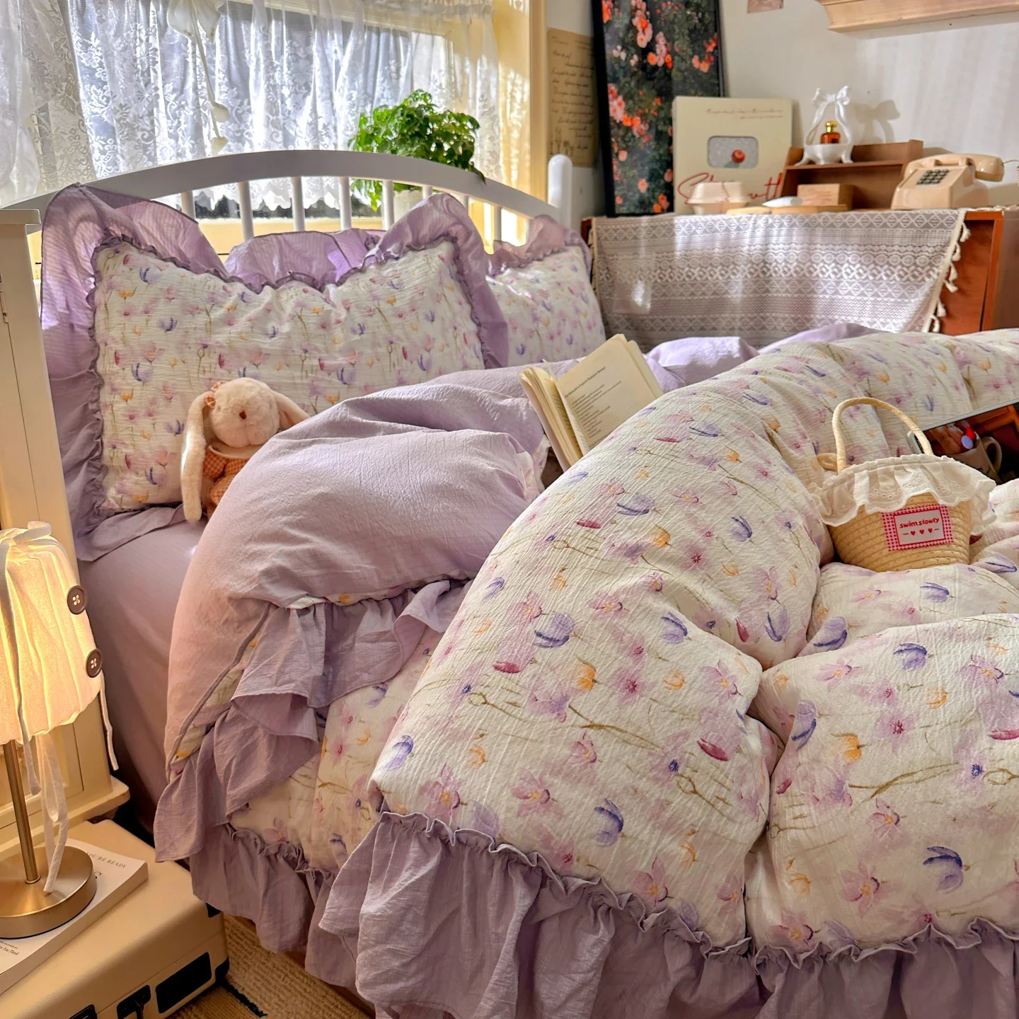 Floral print Korean Style Princess Ruffle Bedding Set Duvet Cover Set Washed Cotton Flat Sheet set Queen For Girl Decor Home