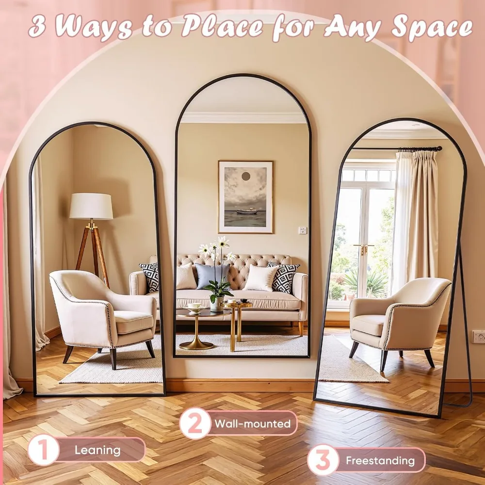 Large Arched Standing Mirror, 64 x 21 Full Length Floor Mirror for Home, Ideal for Bedrooms, Bathrooms, and Living Rooms in Blac