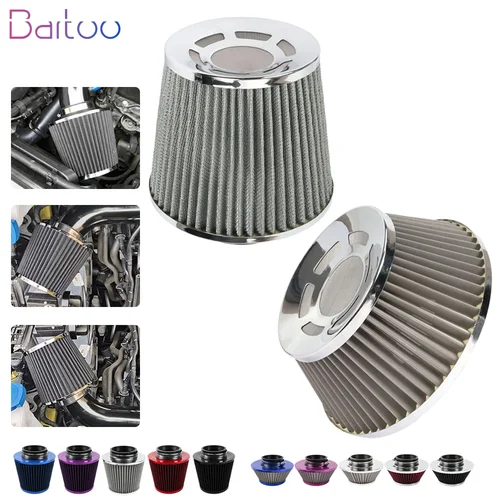 Imagen 1 del producto Nuevo filtro de aire frío de flujo de alta potencia deportivo de acero inoxidable de hierro de 76MM Kit de inducción de filtro de entrada de aire de cono de coche Universal OFI073