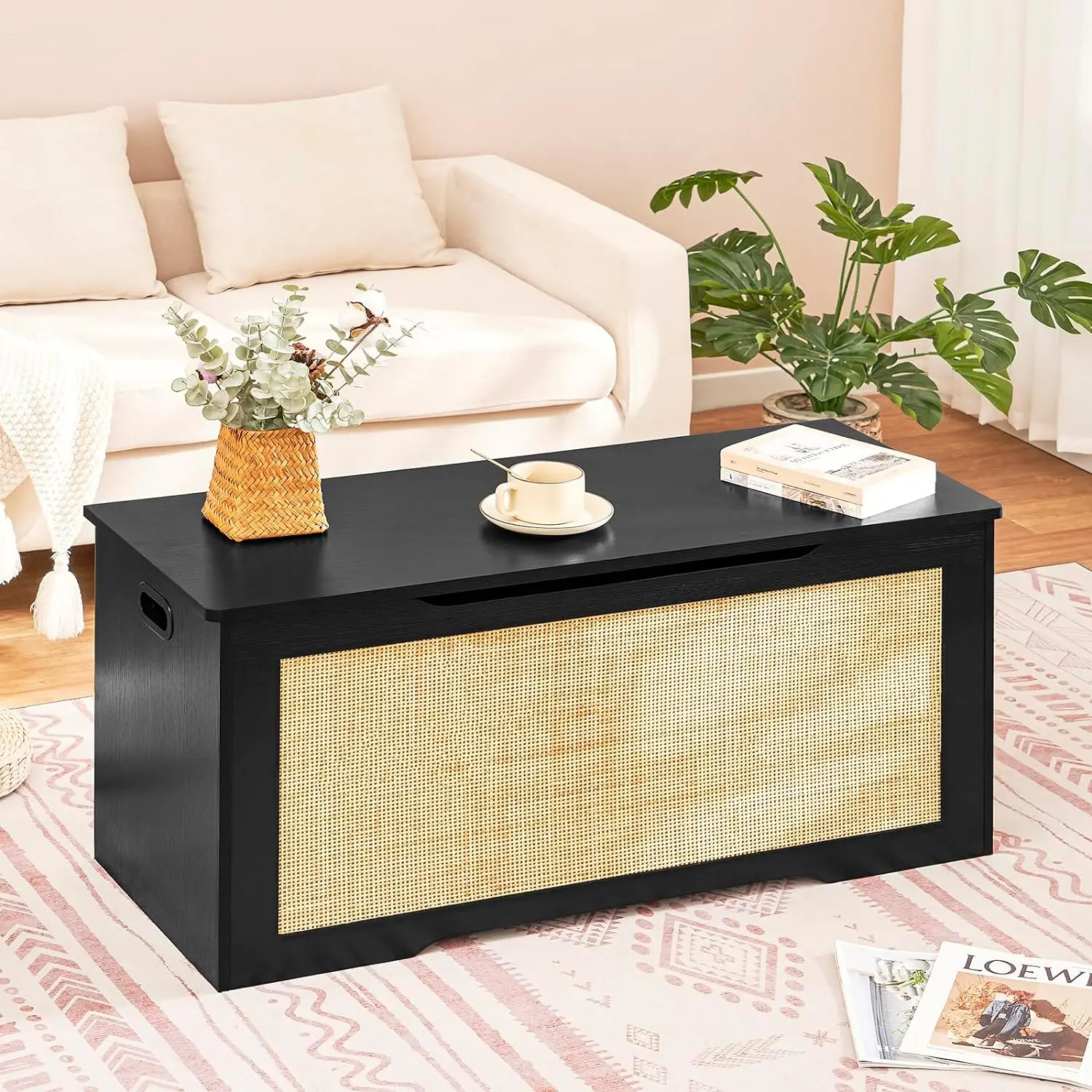 Storage Chest with Rattan, Wooden Storage Bench with 2 Safety Hinges, Lift Top Storage Box with Gel Bumpers,