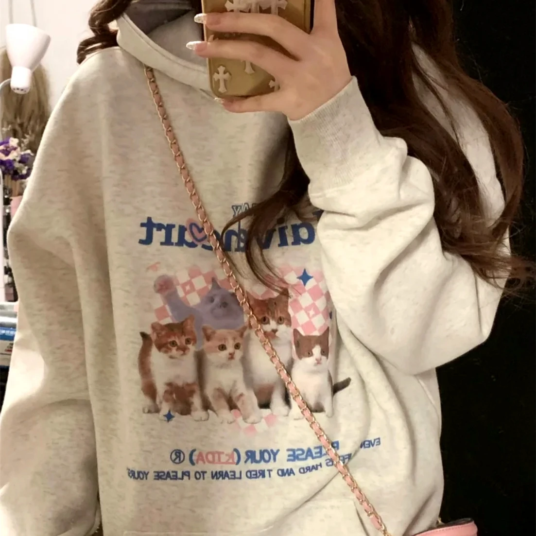 

American Retro Kawaii Cat Print Hoodies Women Sweet Cute Aesthetic Animal Sweatshirt Thicken Fleece Winter Casual Harajuku Tops