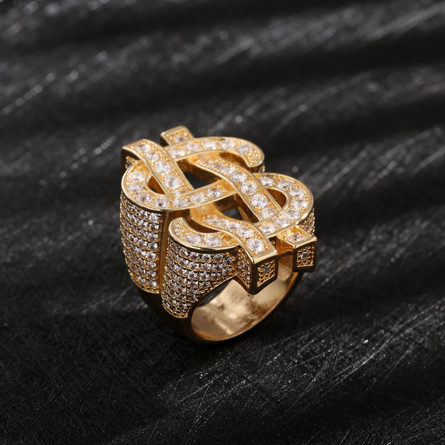 Popular Hollow Out US Dollar Sign Ring Fashion Punk Hip Hop Jewelry White Zircon Micro Paved Ring Club Party Gift