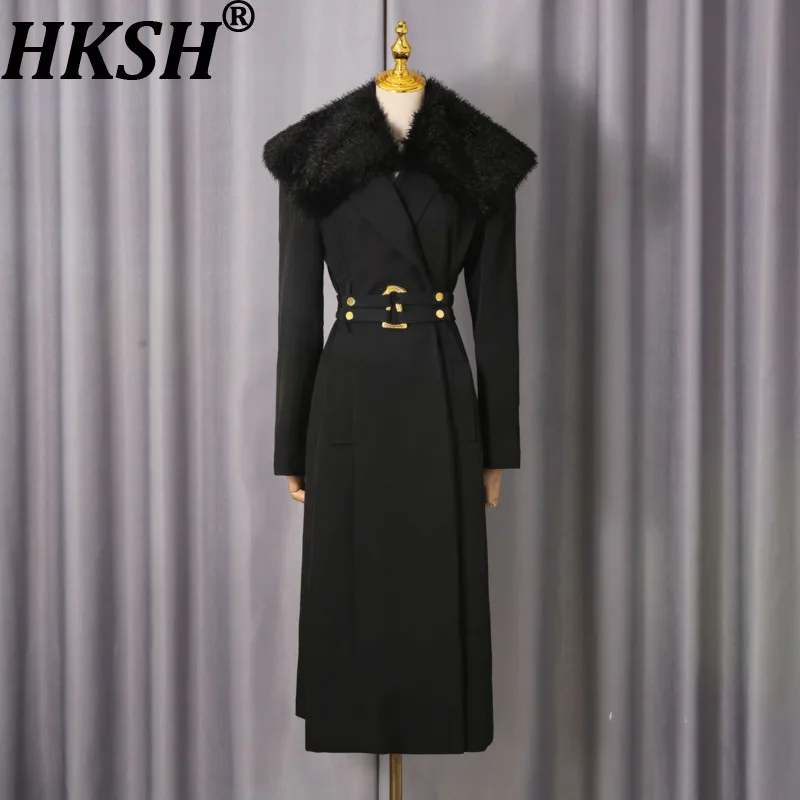 

HKSH осень-зима новый женский плащ с меховым воротником в стиле пэчворк с завязкой на талии в британском стиле офисный женский длинный пиджак HK15188